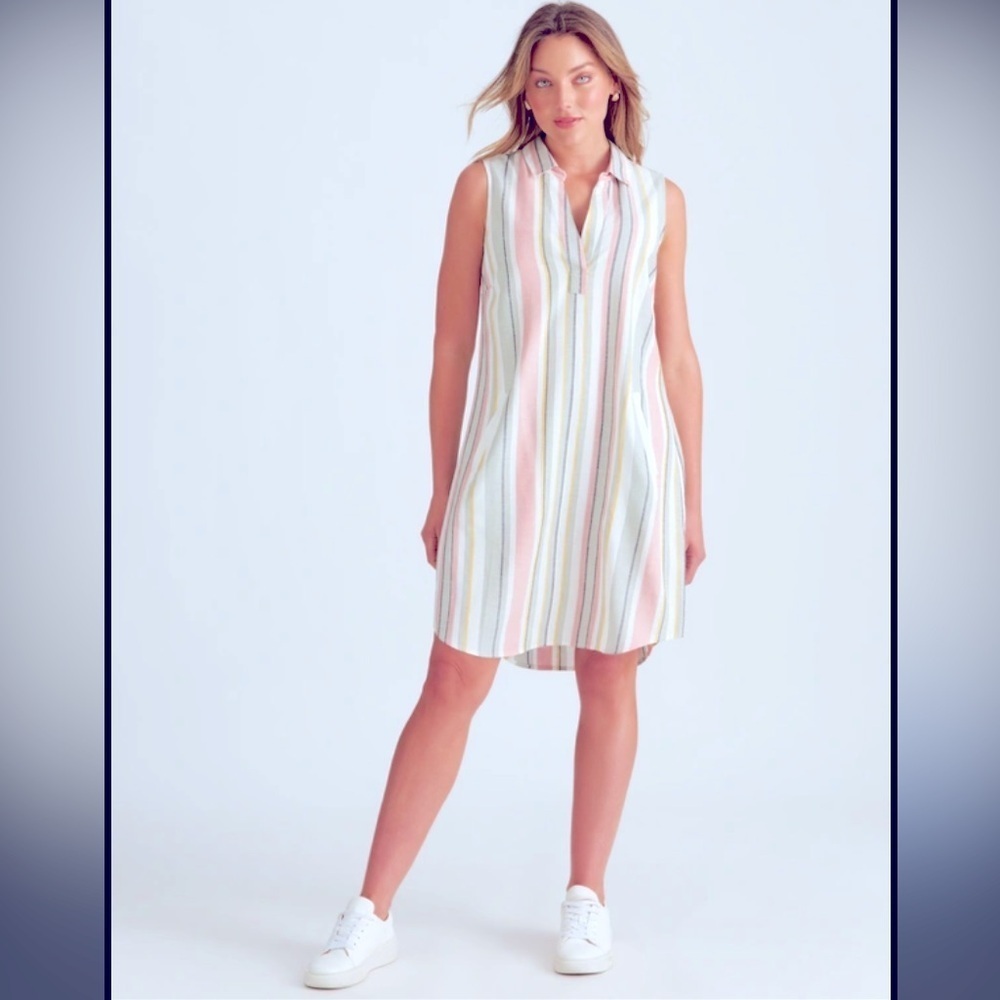 Thread & supply pink & blue soft shirt dress S $99 classic spring striped button